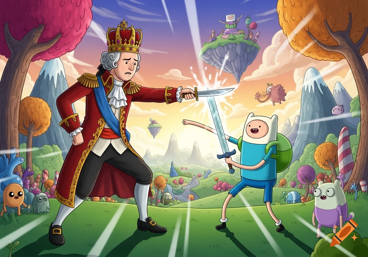 King George III in a red coat and crown fights Finn the Human with swords in a colorful cartoon fantasy landscape.