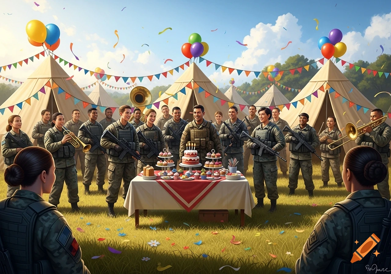 Group of soldiers in camouflage uniforms celebrating a birthday outdoors with cake, cupcakes, balloons, and musical instruments, surrounded by tents.
