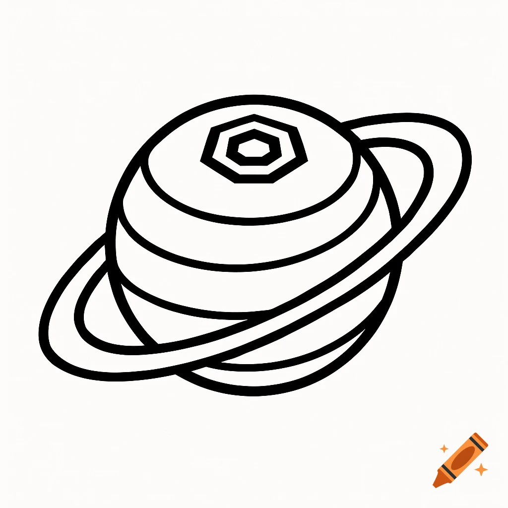 Line art illustration of Saturn with its rings and a hexagonal shape on its north pole.