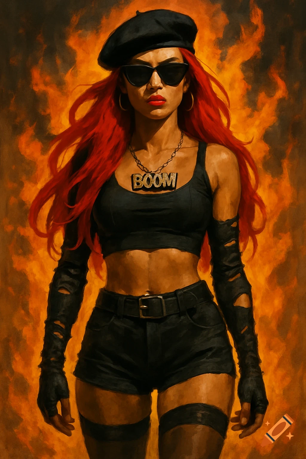 A woman with long red hair, black beret, sunglasses, red lipstick, black crop top, shorts, and torn sleeves stands against a fiery background. She wears a 'BOOM' necklace.
