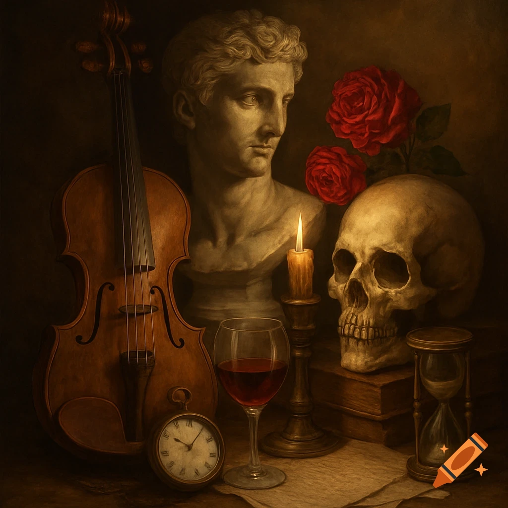 A dark, classical still life painting features a violin, a marble bust, a skull, red roses, a lit candle, a wine glass, a pocket watch, and an hourglass.