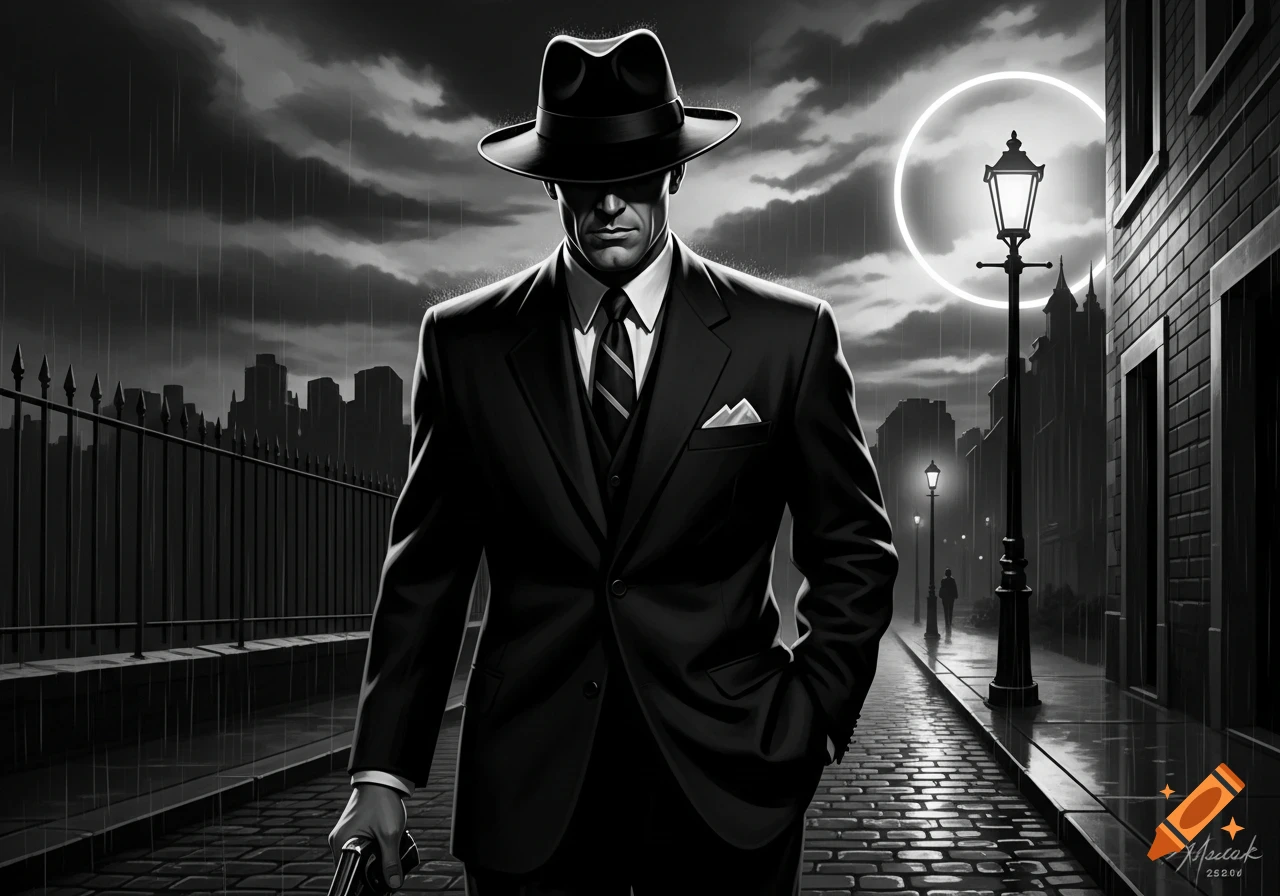 A man in a fedora and suit walks down a rainy, cobblestone street at night, holding a gun, in a dramatic black and white noir style.