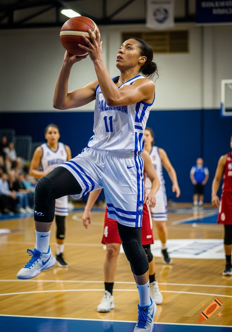 A female basketball player in a white and blue uniform jumps to shoot the ball during a game on an indoor court.