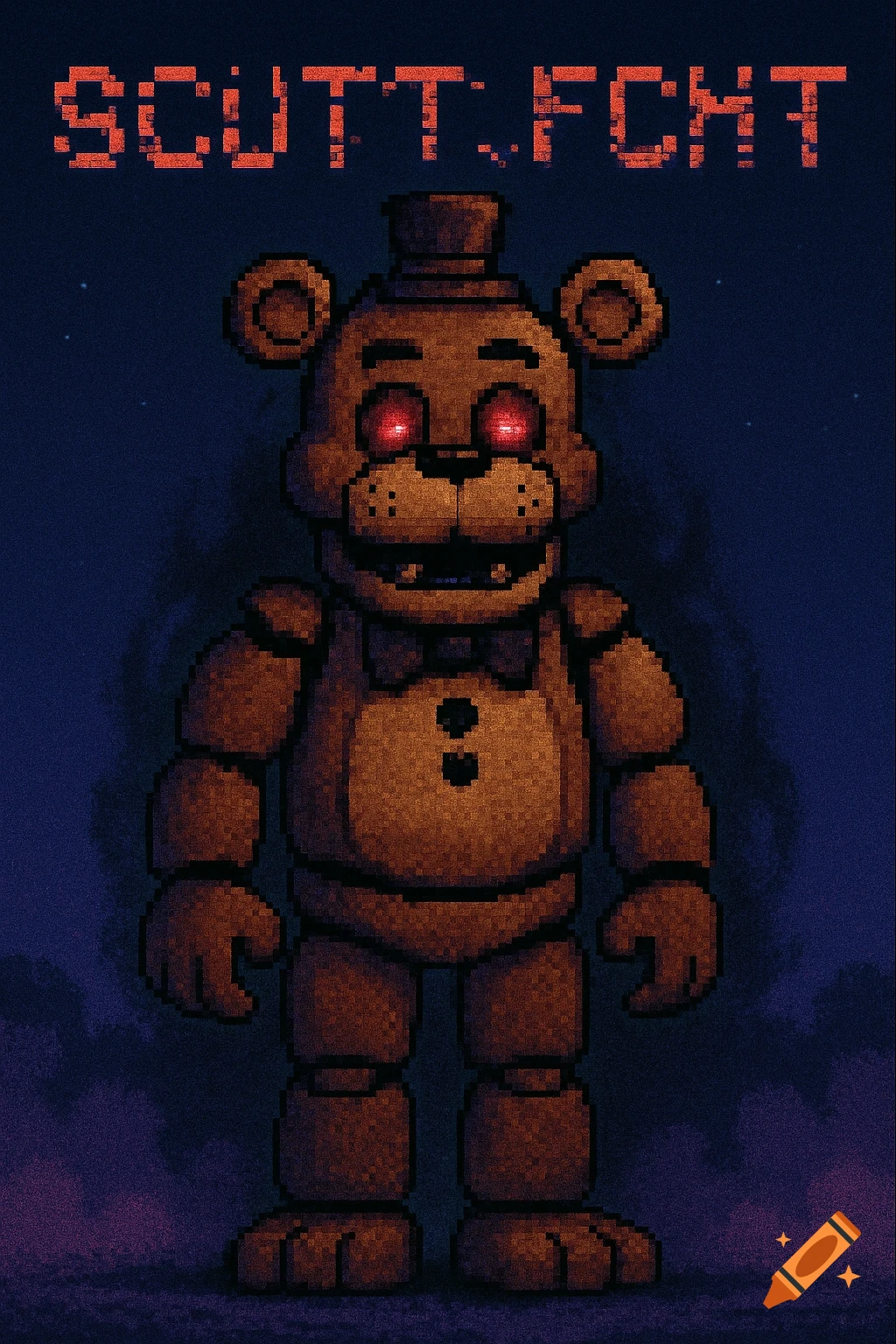 Pixel art of a brown animatronic bear with glowing red eyes, standing in a dark, foggy night with glitchy text "SCUTT:FCMT" at the top.
