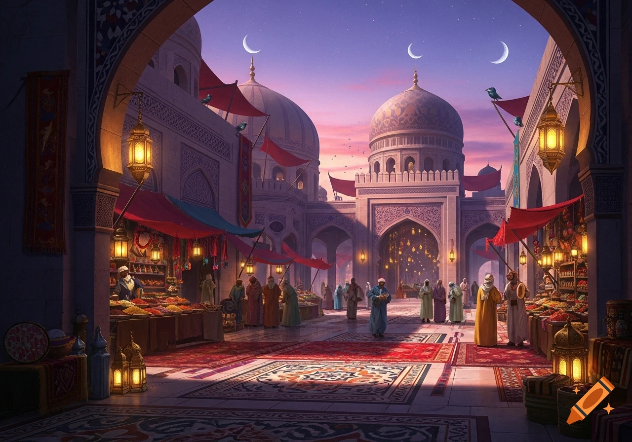 A vibrant Middle Eastern marketplace at dusk, with ornate architecture, bustling figures, glowing lanterns, and crescent moons in a purple sky.