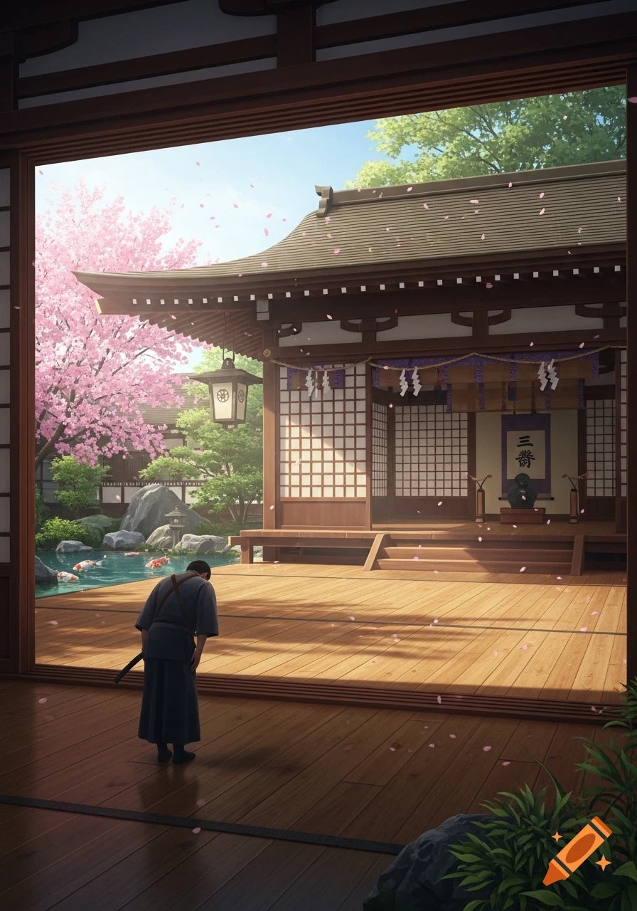 A person bows on a wooden deck of a traditional Japanese building with cherry trees, falling petals, and a koi pond.