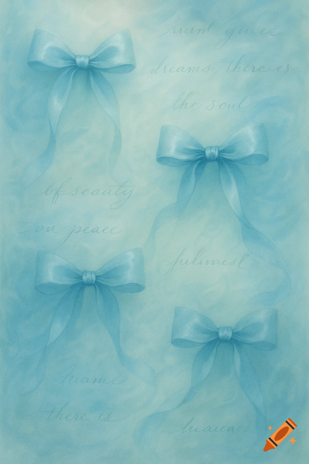 A serene blue painting features four delicate bows with flowing ribbons on a textured background, accompanied by faint, illegible script.