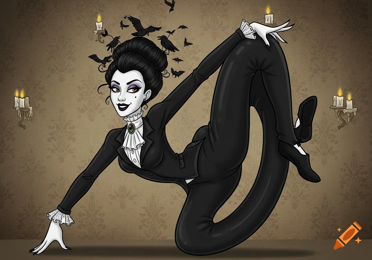 Cartoon drawing of an elastic goth Victorian woman in a black suit, stretching in a contorted pose amidst crows and candles.