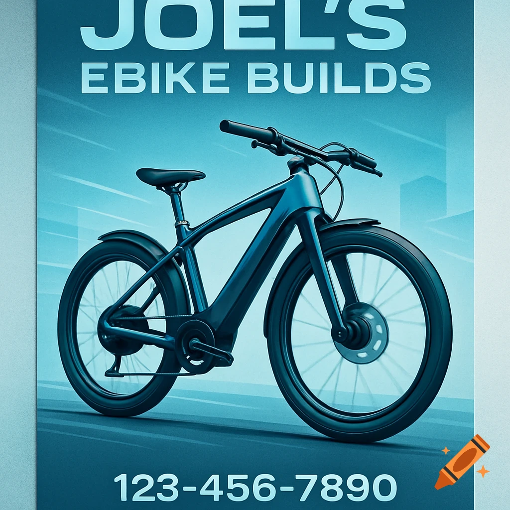 A blue-toned poster featuring a sleek dark e-bike with the text "JOEL'S EBIKE BUILDS" and a phone number.