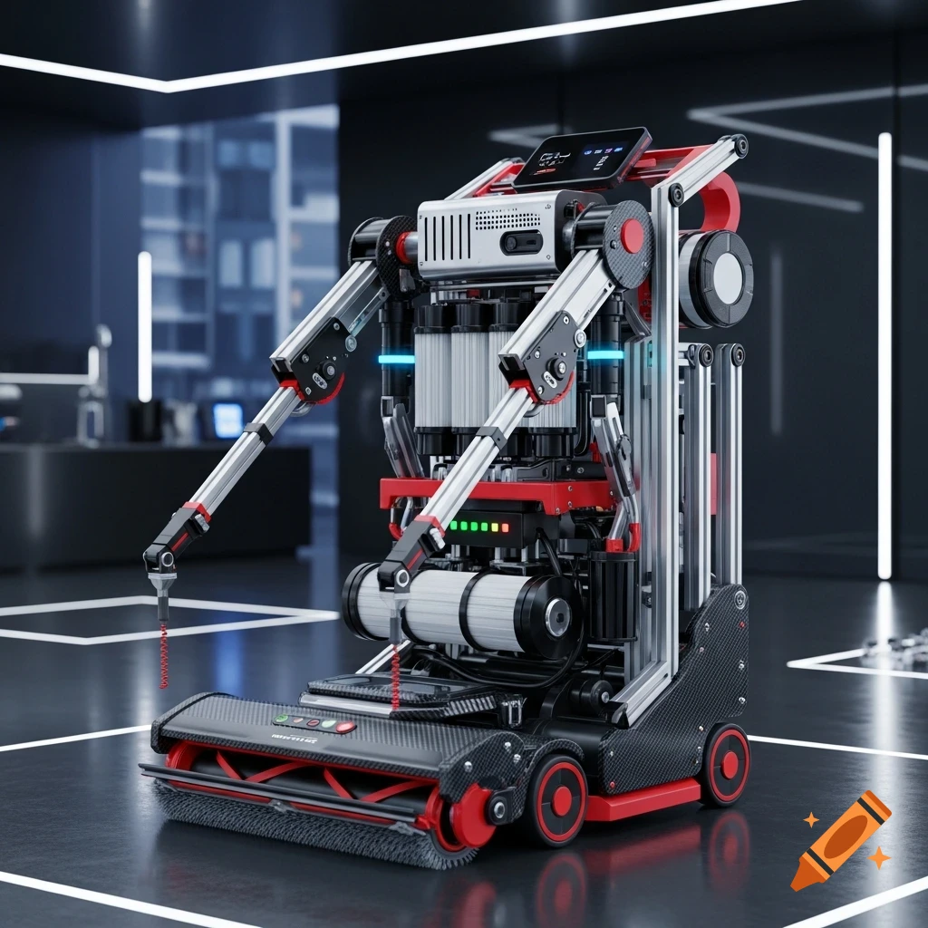A sophisticated red and black industrial cleaning robot with multiple arms and a front brush, in a sleek modern facility.