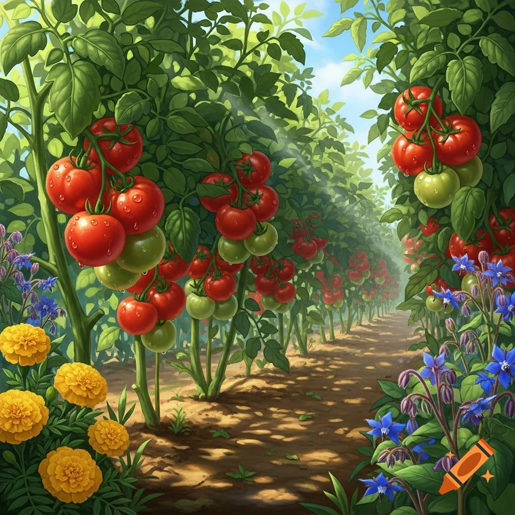 A sunny garden path bordered by lush tomato vines with ripe red and green tomatoes, yellow marigolds, and blue borage flowers.