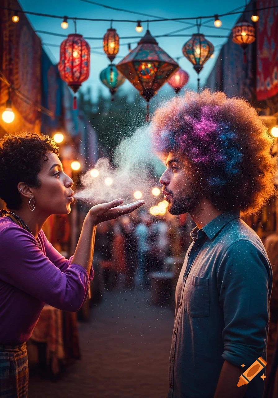 A woman blows shimmering dust from her hands towards a man with a vibrant, sparkling afro, surrounded by colorful lanterns at a night market.