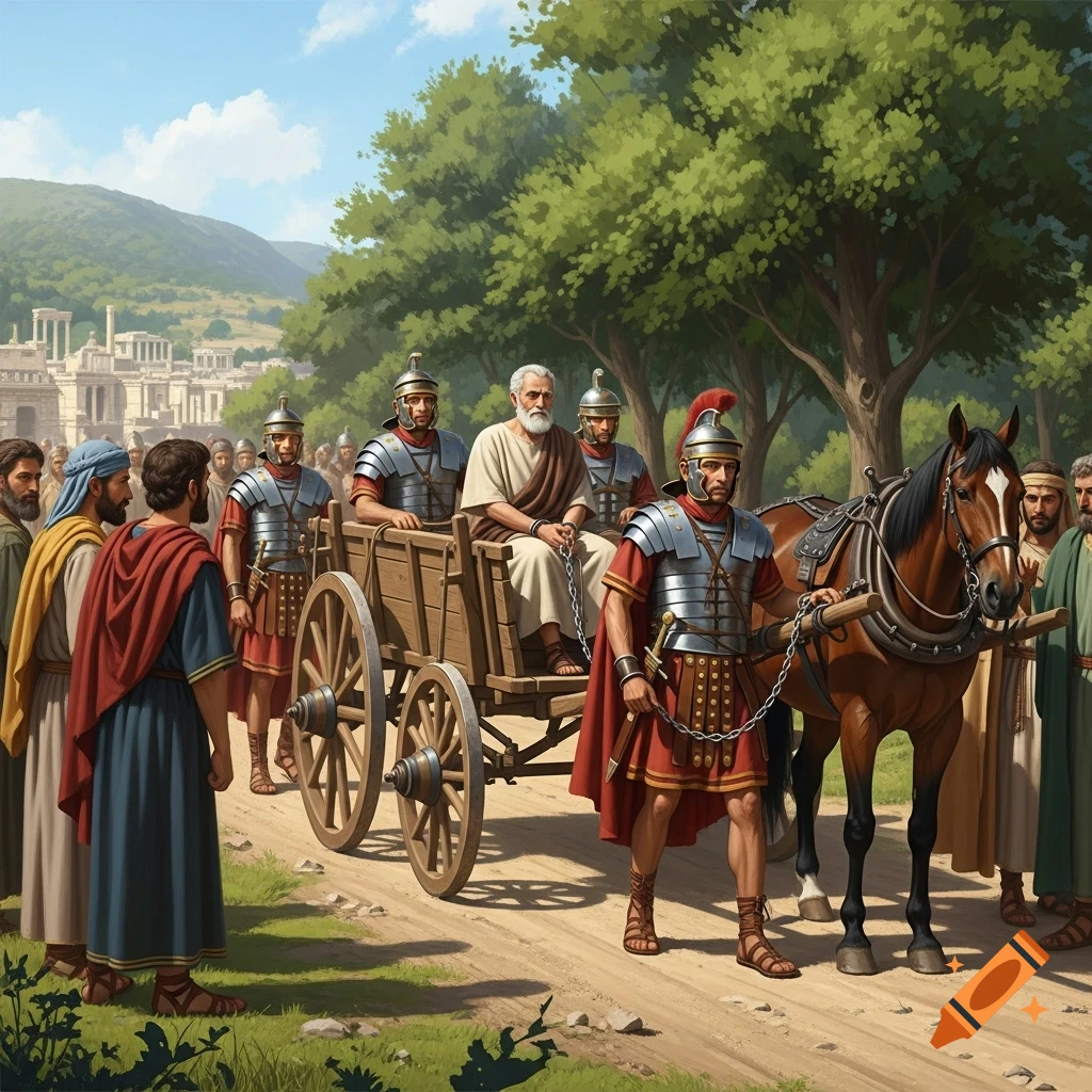 An old man in chains sits in a wooden cart, escorted by Roman soldiers and a horse, with civilians observing in an ancient landscape.