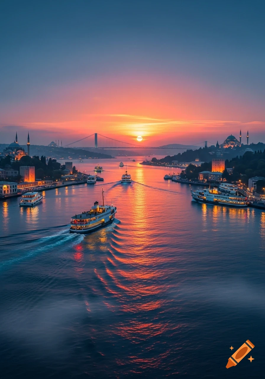 Photorealistic view of boats on a strait at sunset, with a city skyline and bridge in the background.