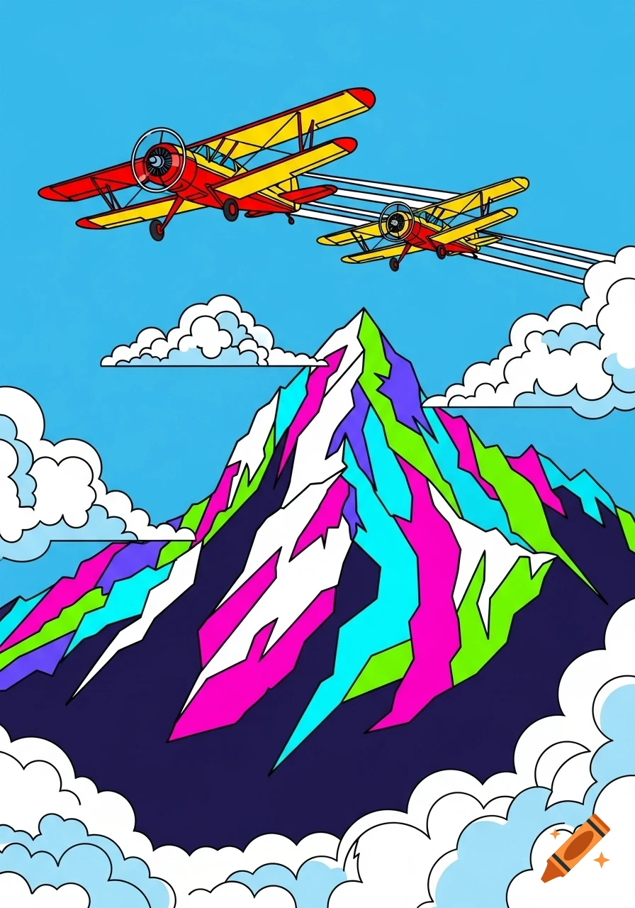 Two red and yellow biplanes fly over a vibrant, geometric Pop Art mountain under a blue sky.