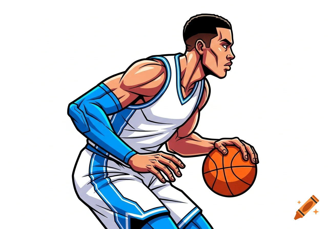 Cartoon illustration of a male basketball player dribbling a ball, viewed from the side against a white background.