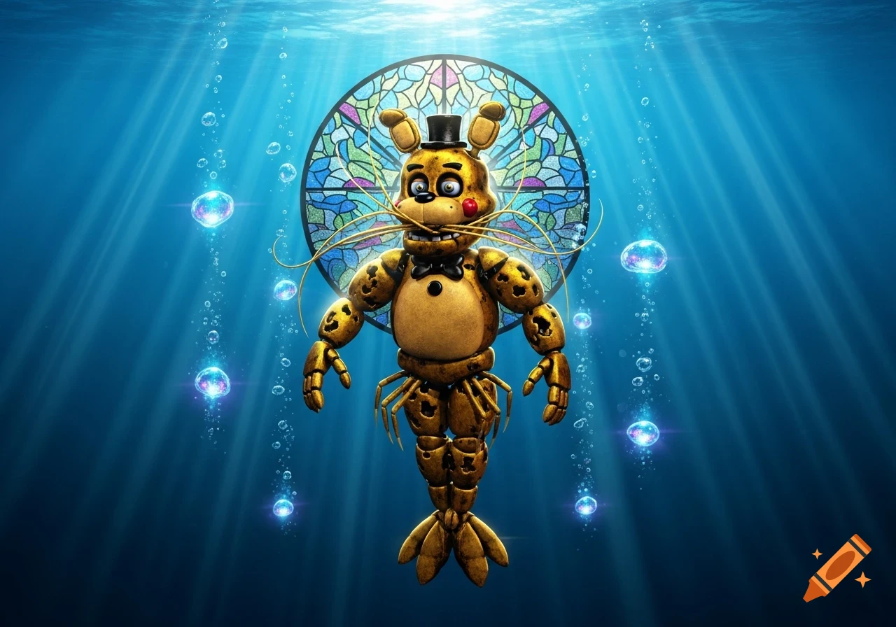 A golden animatronic shrimp creature with a top hat and bow tie, resembling Golden Freddy from FNAF, floats underwater with a stained glass halo.