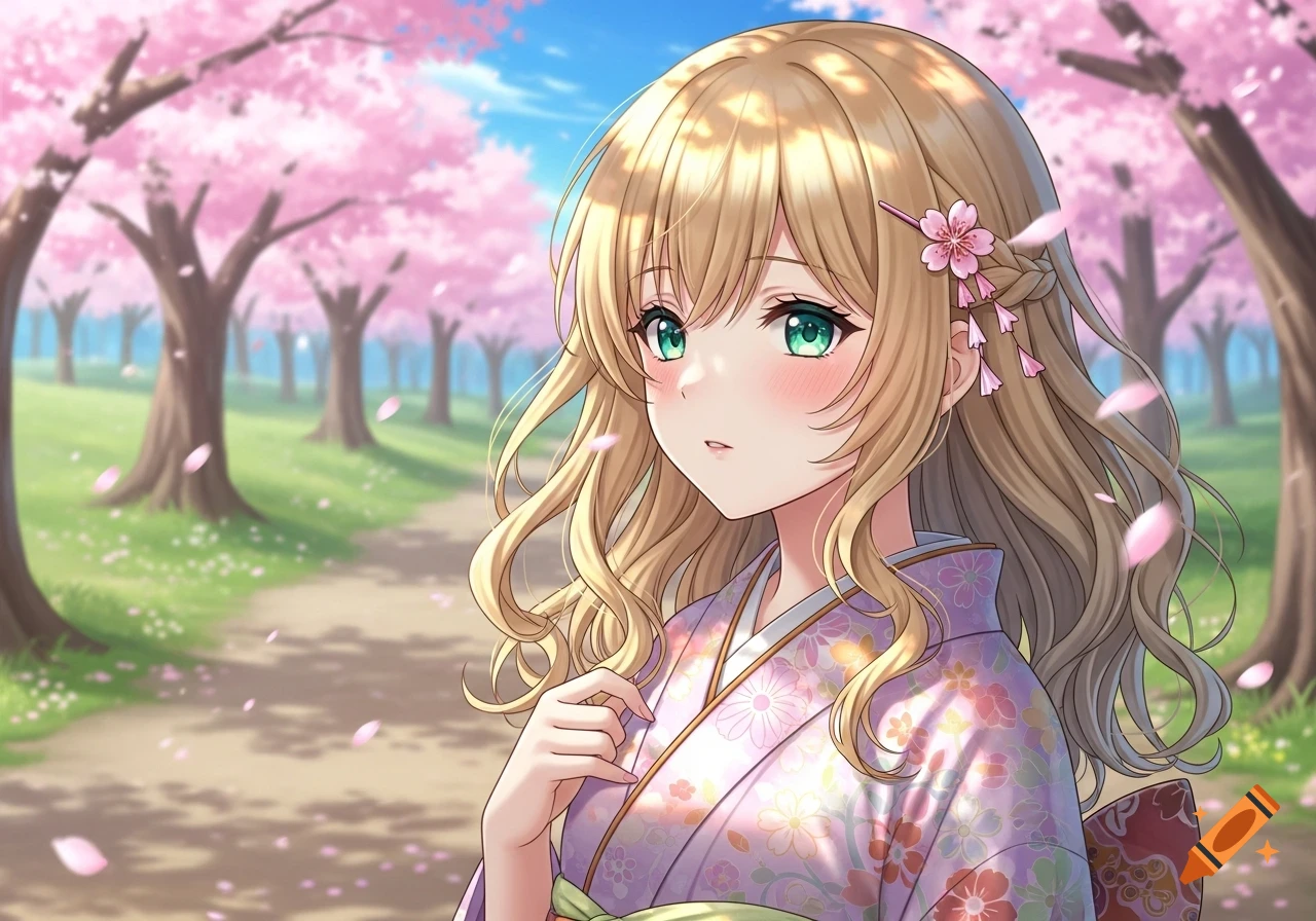 Anime girl with blonde hair and green eyes, blushing in a kimono, walking on a path lined with pink cherry blossom trees.