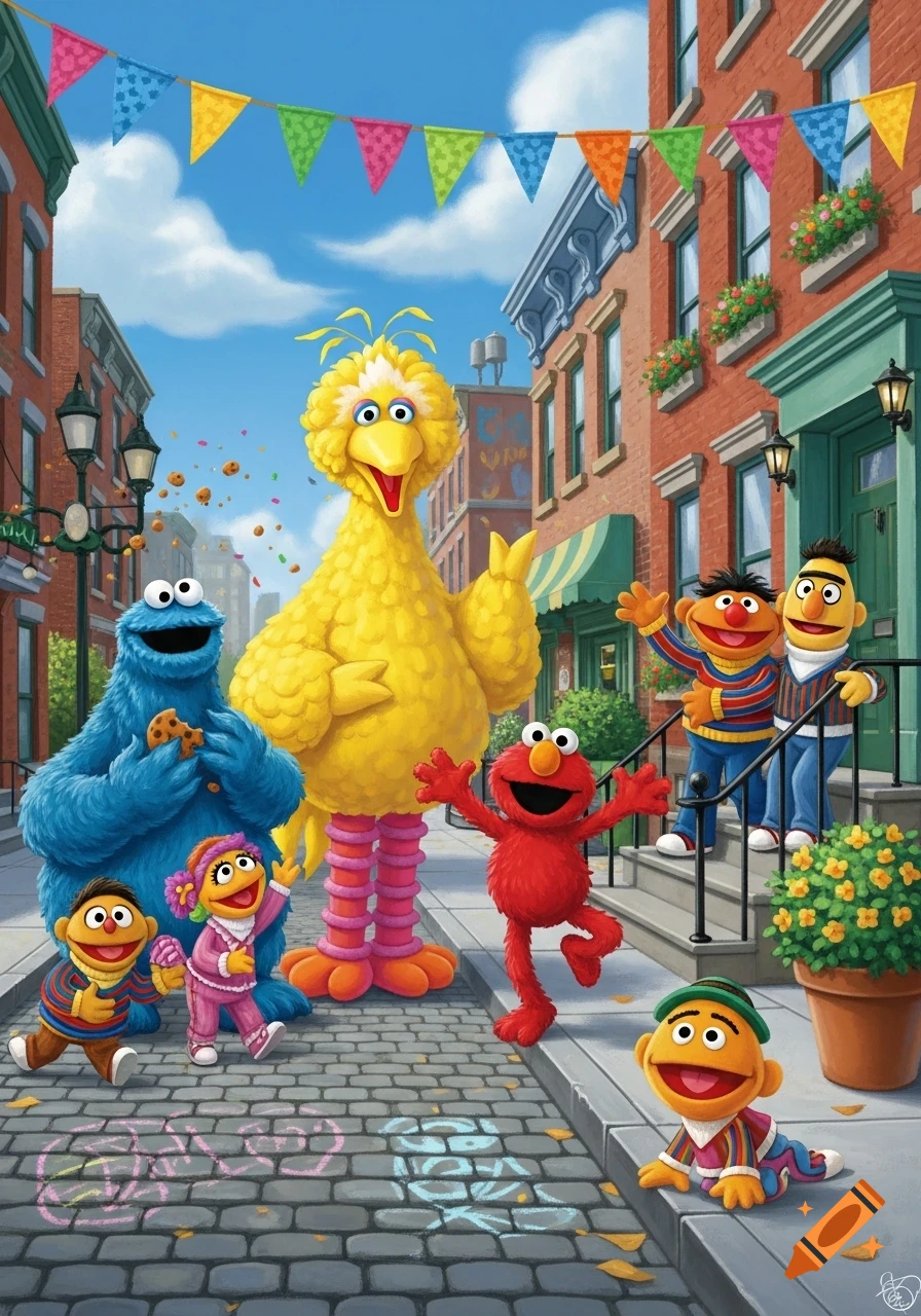 Big Bird, Cookie Monster, Elmo, Bert, Ernie, Rosita, and baby characters gather on a bright city street with bunting flags.