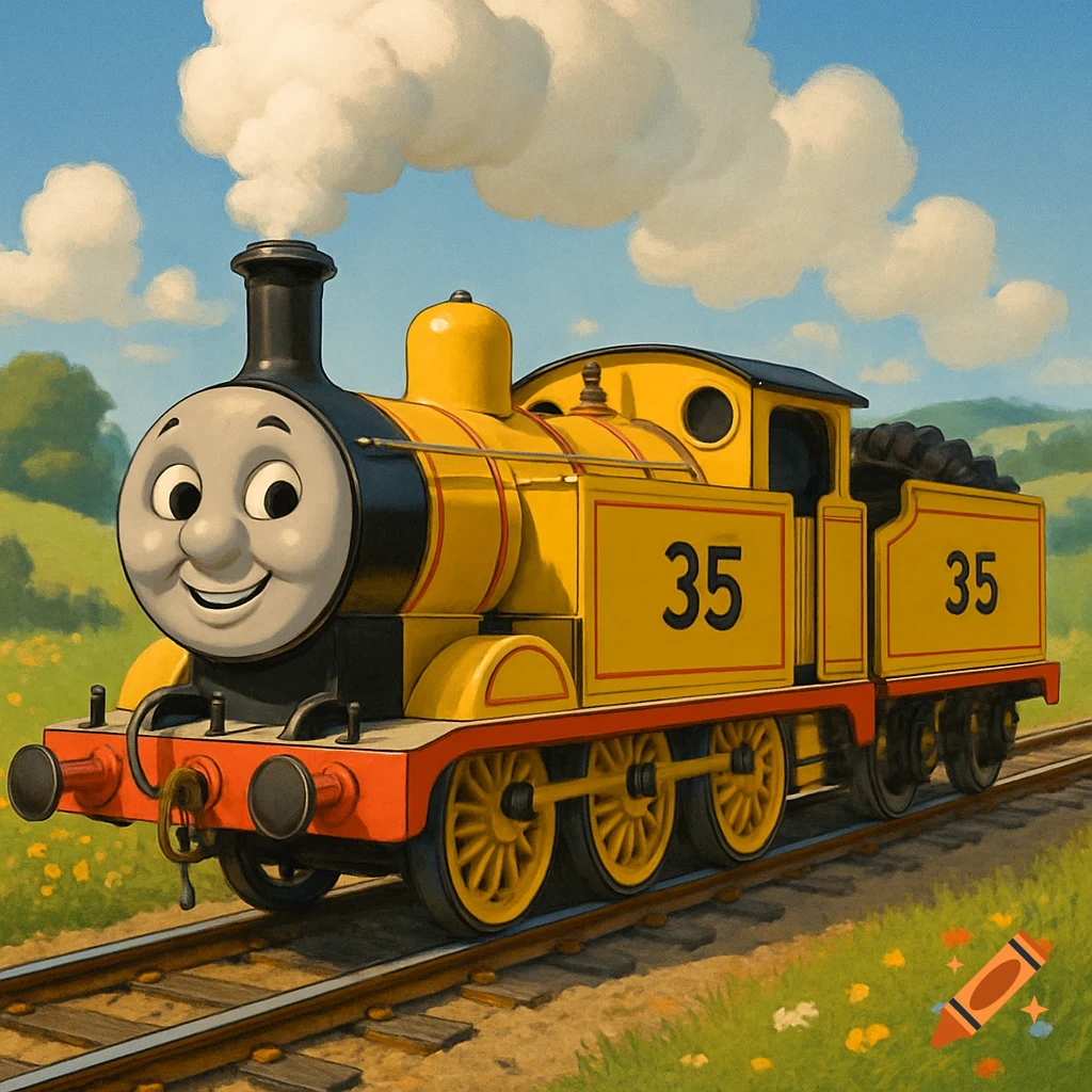 A yellow cartoon train resembling Thomas the Tank Engine, smiling with the number 35 on its side, on tracks in a sunny field.