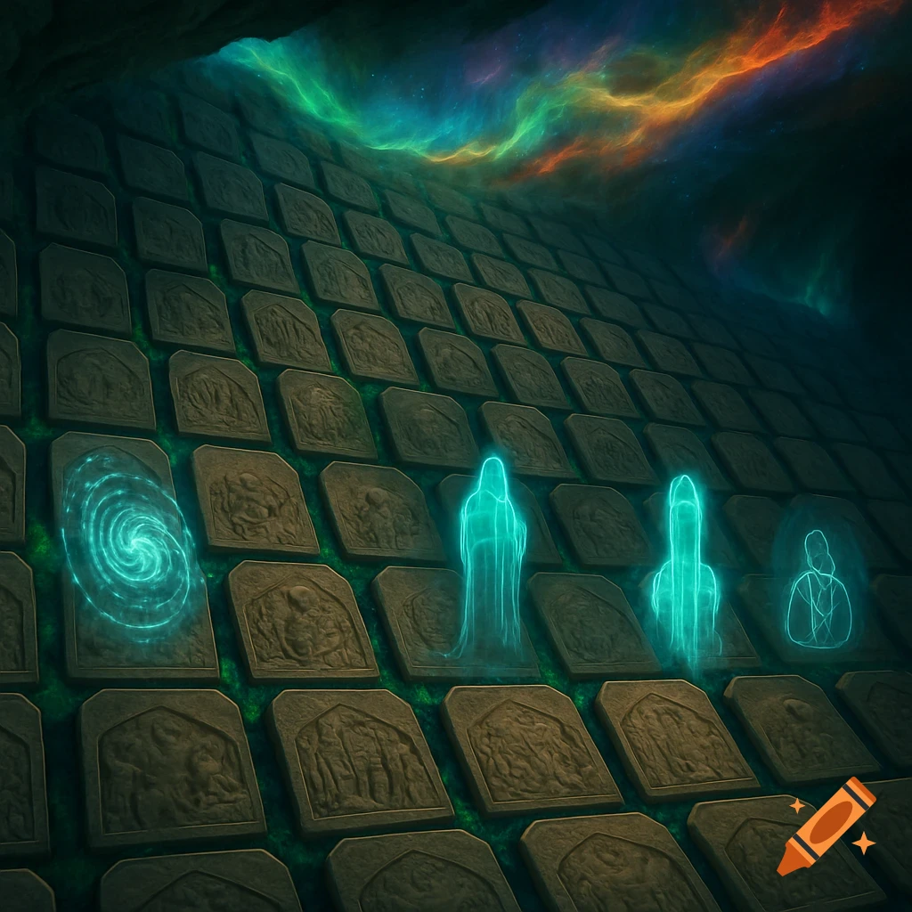 Ethereal glowing figures and a swirling light stand before numerous ancient stone tablets under a vibrant cosmic nebula.