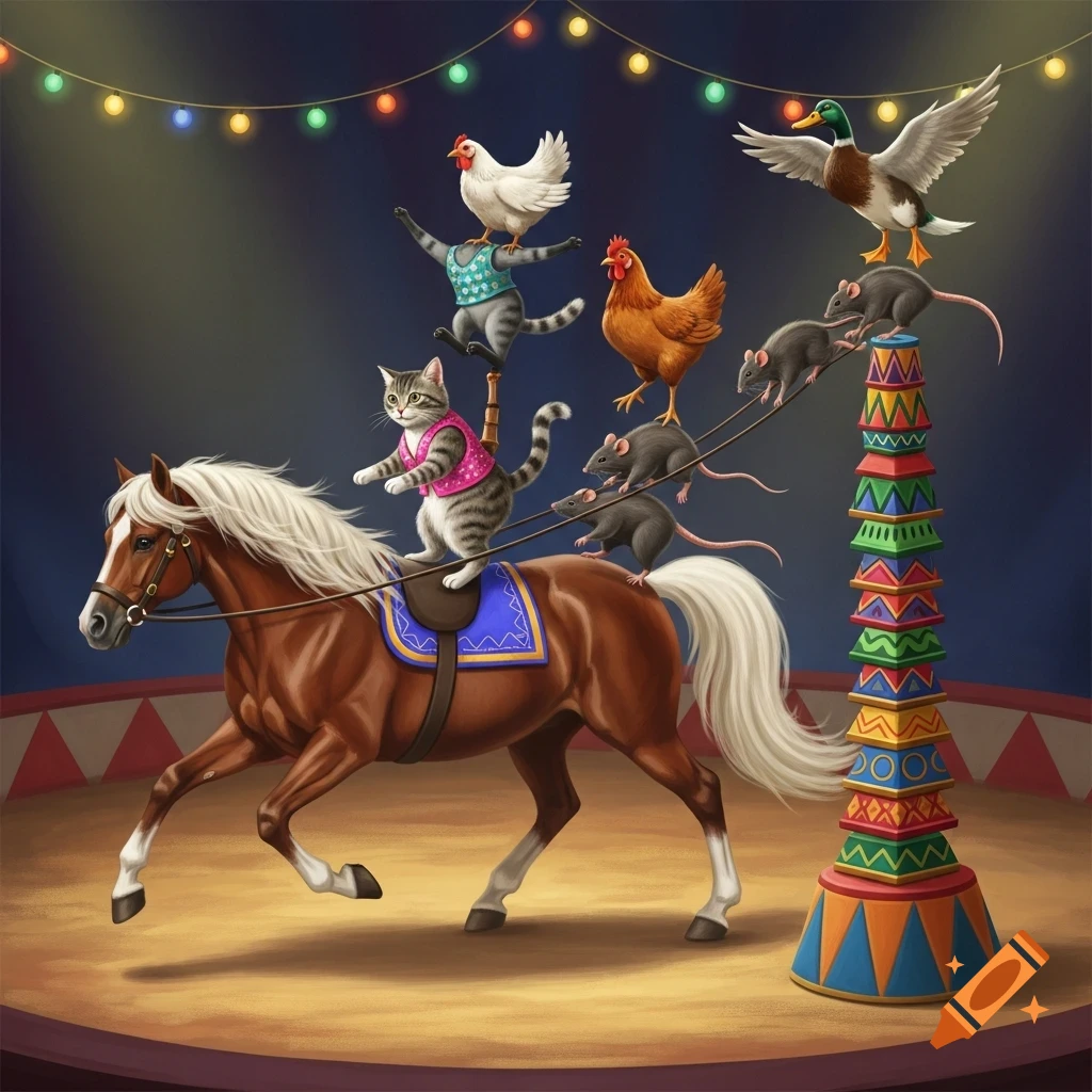 Colorful illustration of a circus act featuring a horse with balancing cats, chickens, ducks, and rats on ropes.