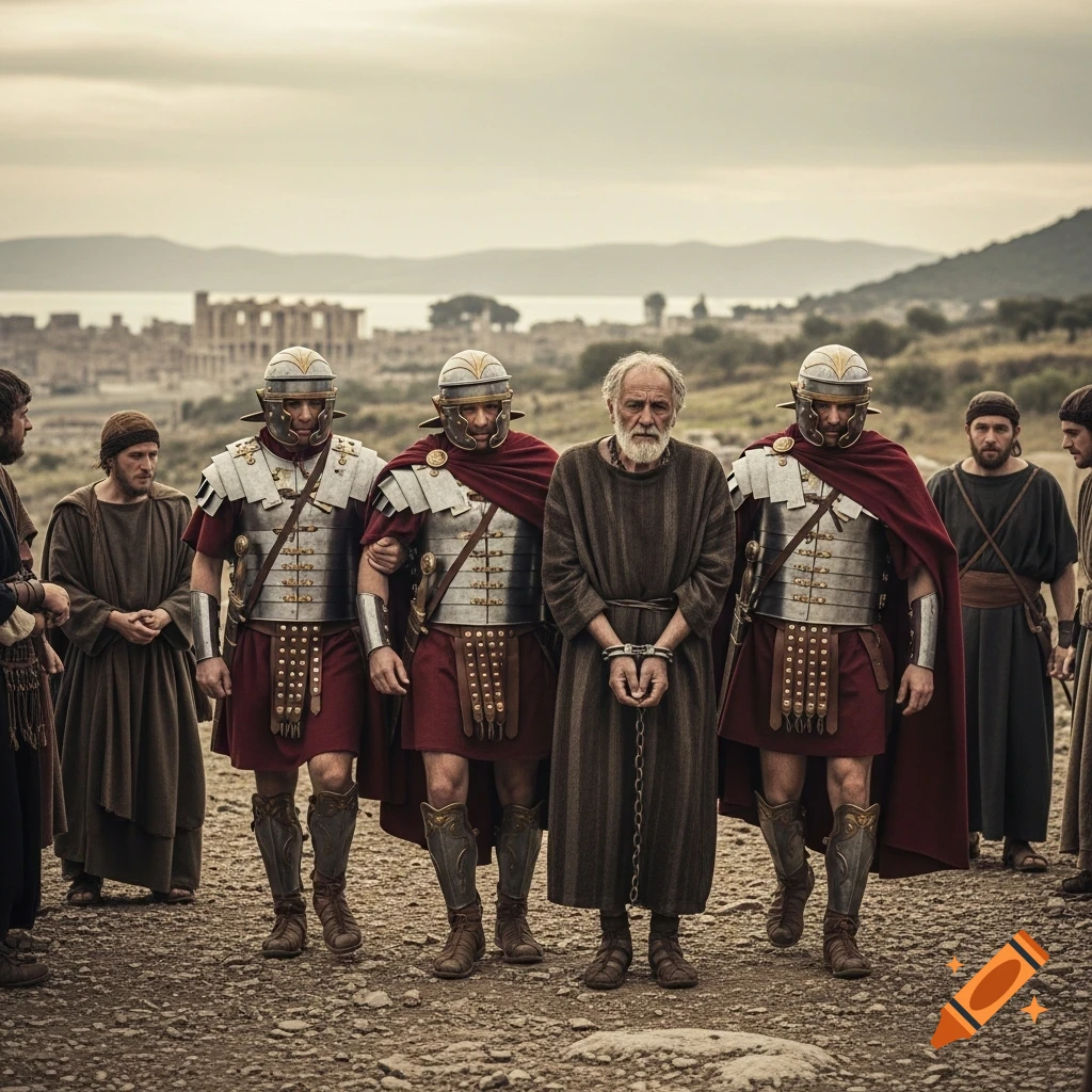 An old man with a beard and chains is escorted by Roman soldiers, with an ancient city in the distant background.