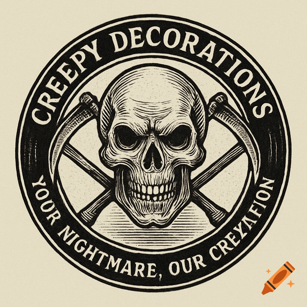 Vintage black and white logo with a skull, crossed scythes, and text 'Creepy Decorations Your Nightmare Our Creyafion'.