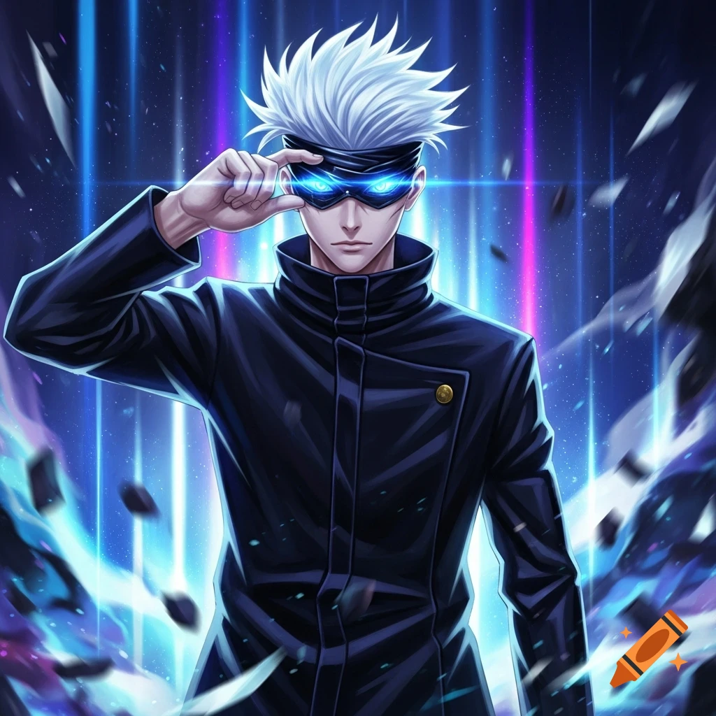 Gojo Satoru, an anime character with white spiky hair, adjusts his glowing blue blindfold while wearing a black jacket against a vibrant blue and purple background.