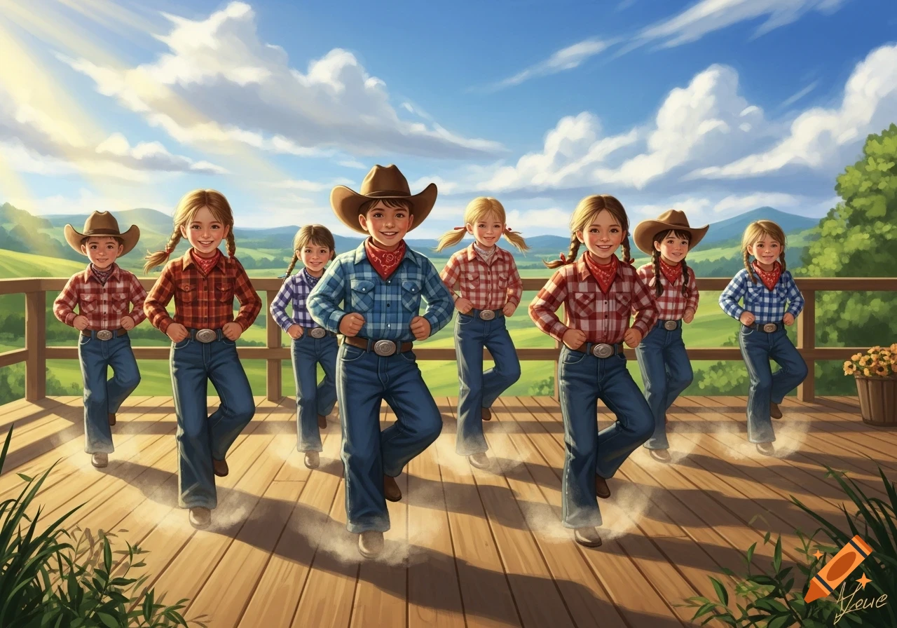Illustration of smiling children in cowboy hats and plaid shirts line dancing on a sunny outdoor wooden deck with green hills.