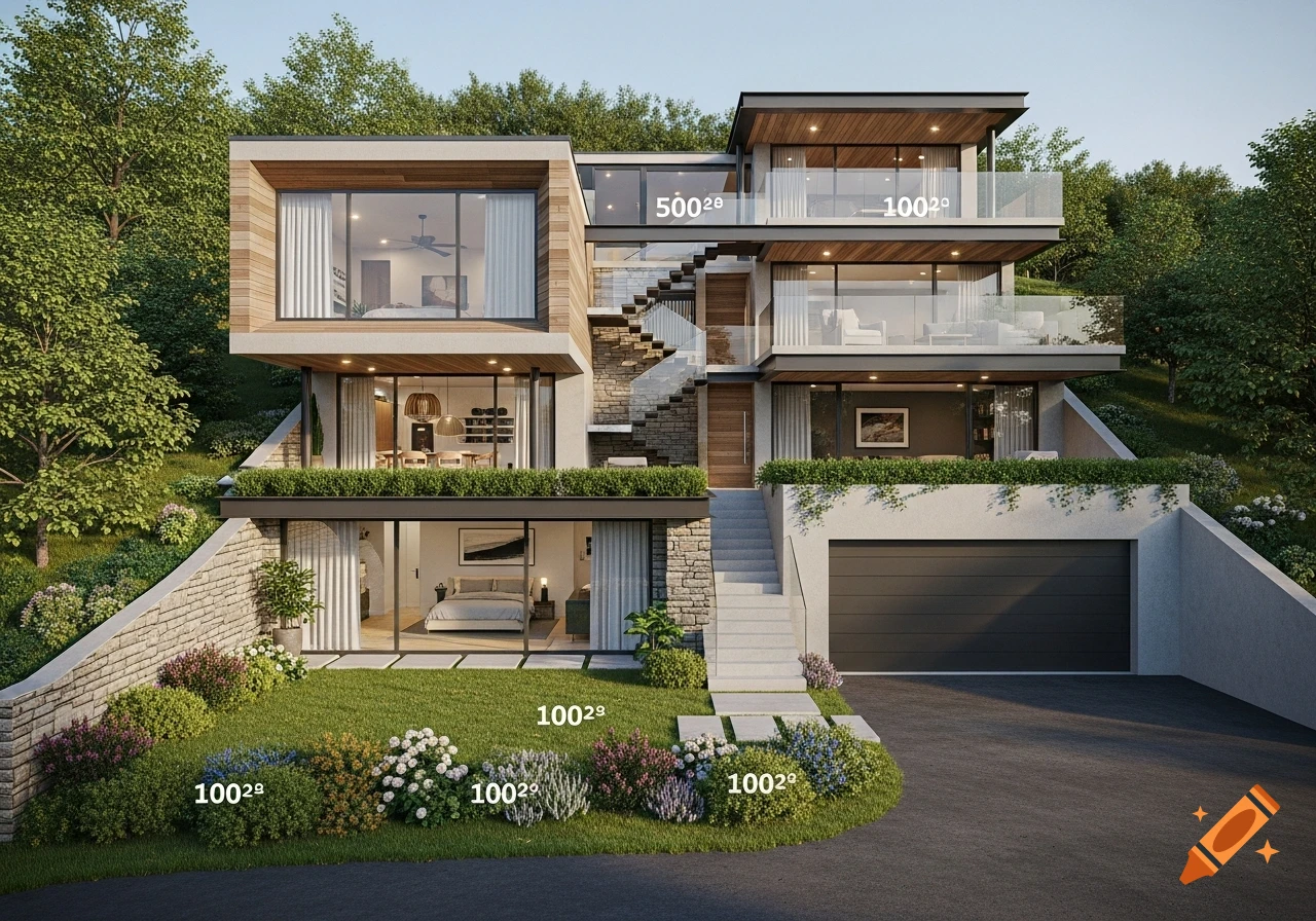 A photorealistic render of a modern multi-level house built into a green hillside, featuring large windows, balconies, a driveway, and landscaped garden.