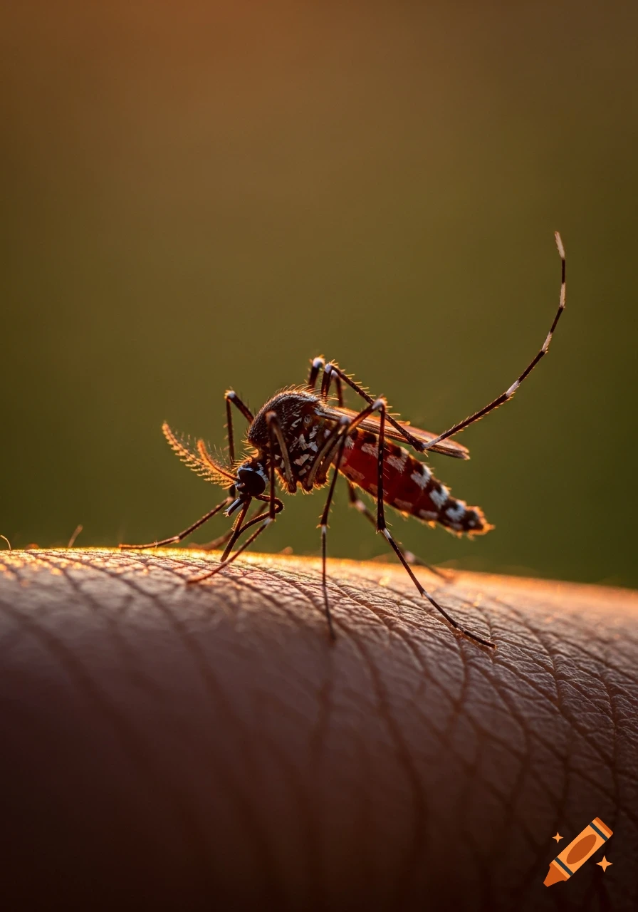 Highly detailed macro photo of a mosquito on human skin, illuminated by warm sunset light.