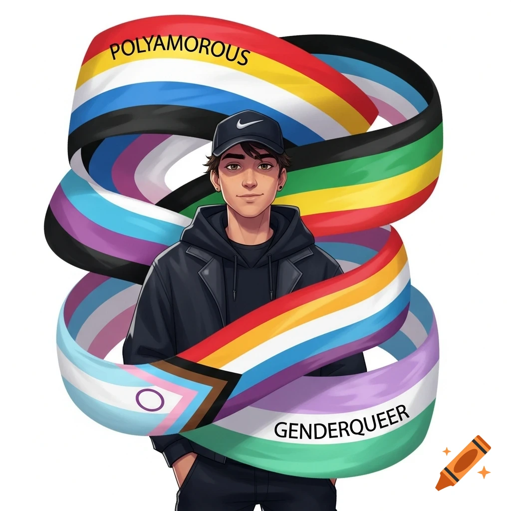 An anime-style character wearing a black hoodie and Nike cap, standing amidst intertwining Polyamorous and Genderqueer pride flags.