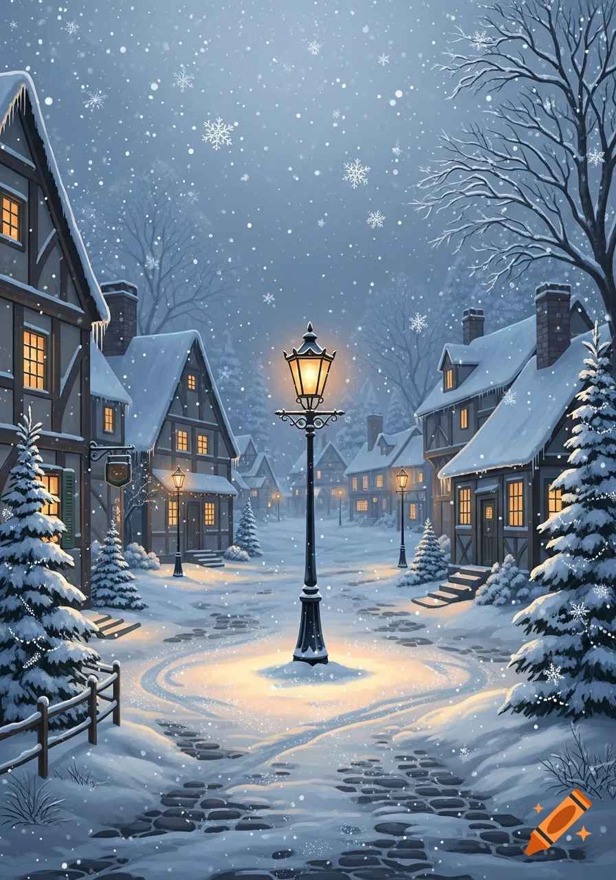An enchanting illustration of a snow-covered village street at night, illuminated by a glowing lamppost and warm lights from cozy houses, with large snowflakes falling.