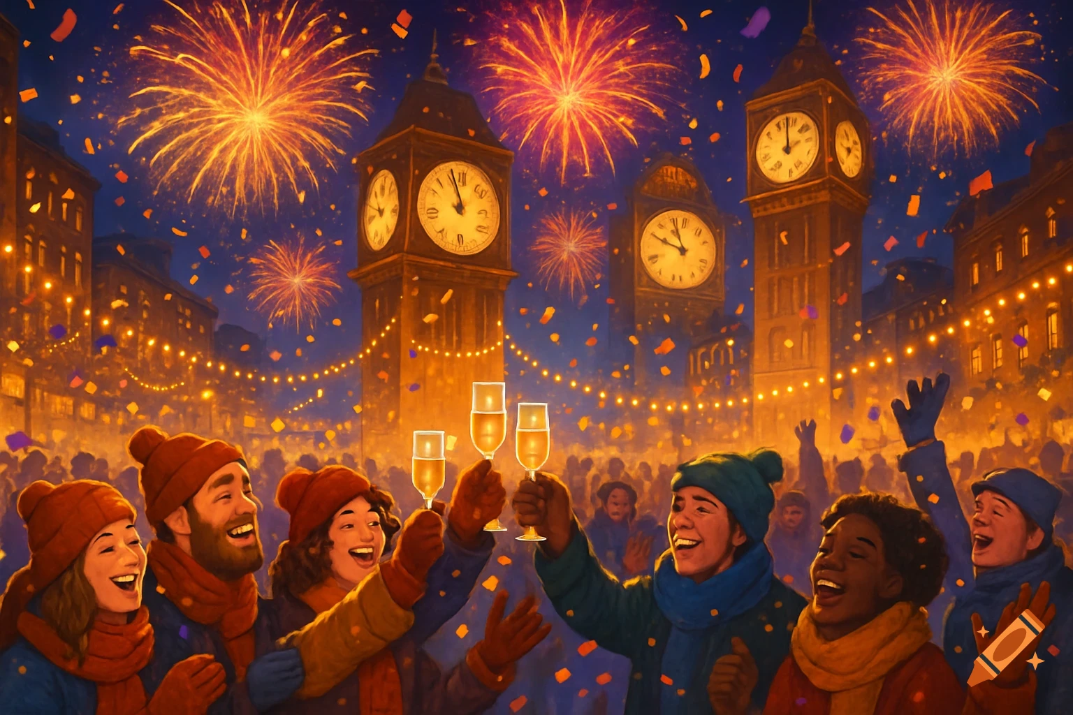 A vibrant New Year's Eve celebration with diverse people toasting champagne glasses under a sky lit by fireworks and confetti, against a backdrop of historic clock towers and festive lights.