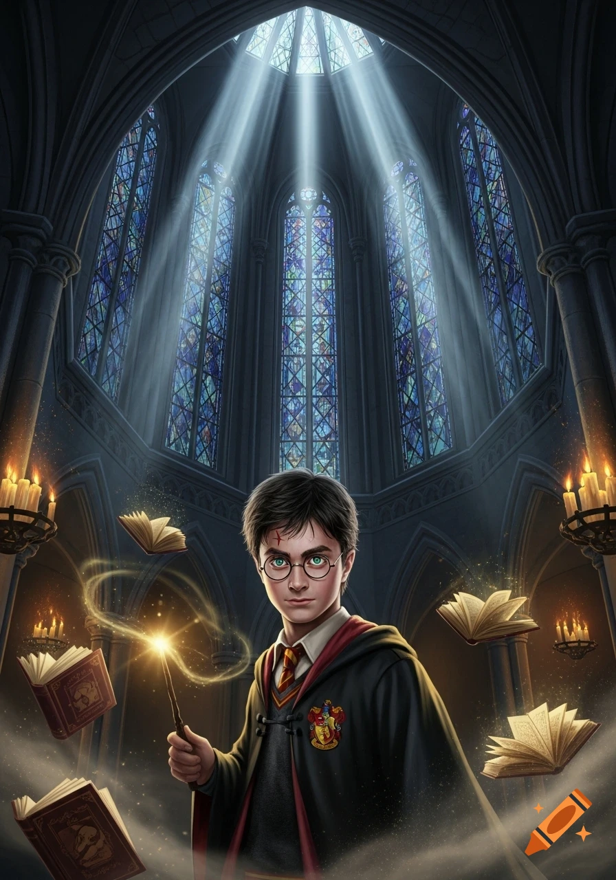 Harry Potter holds a glowing wand amidst floating spellbooks in a grand, stained-glass cathedral, illuminated by light rays.