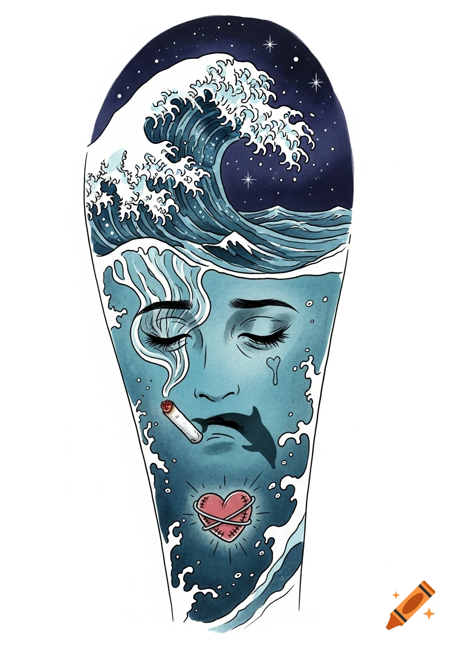 Stylized tattoo-style illustration of an ocean wave forming a melancholy face with closed eyes, a lit cigarette, a stitched heart, and a dolphin fin in a dark, star-filled night sky.