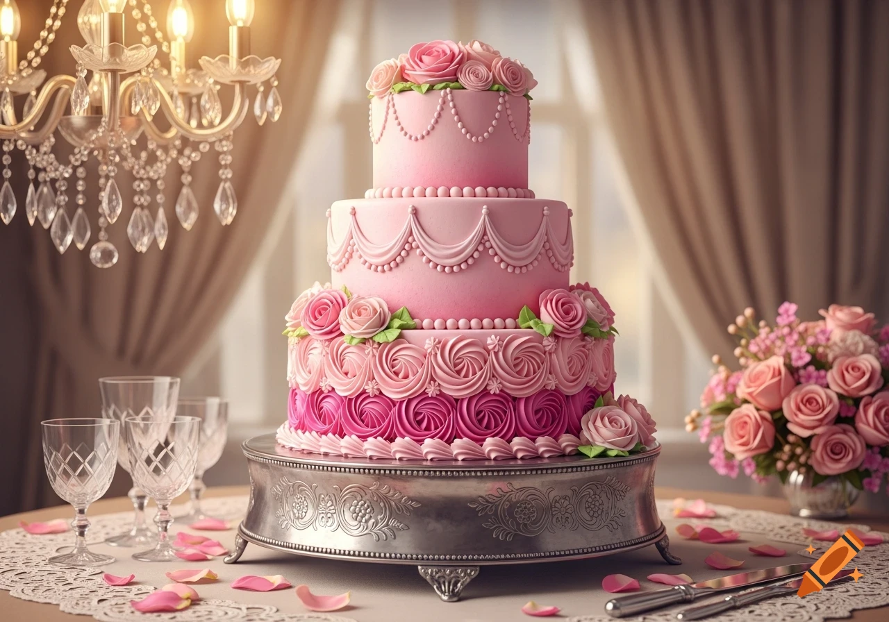 A beautiful three-tiered pink cake adorned with roses and pearls, on a silver stand, surrounded by crystal glasses and a pink rose bouquet, in an elegant setting.