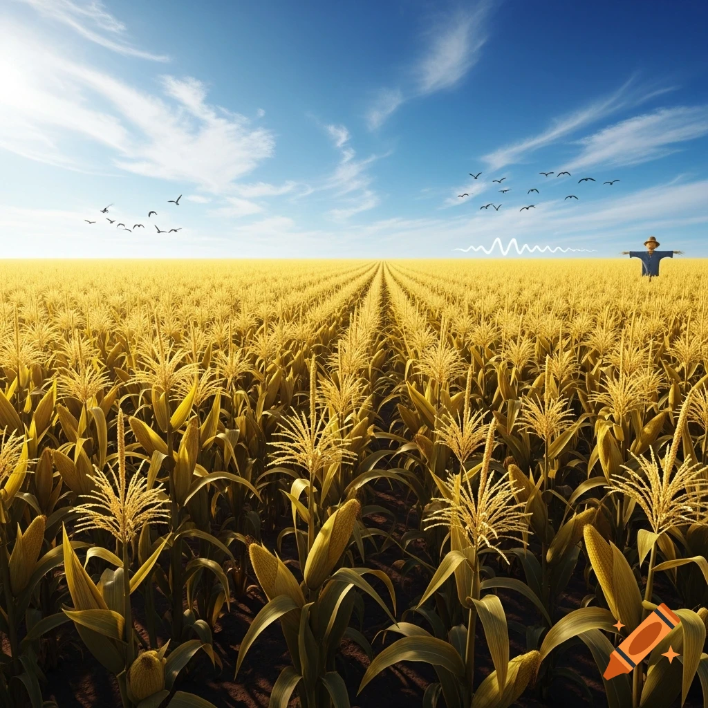 A vast golden cornfield under a bright blue sky, with a distant scarecrow and birds flying.