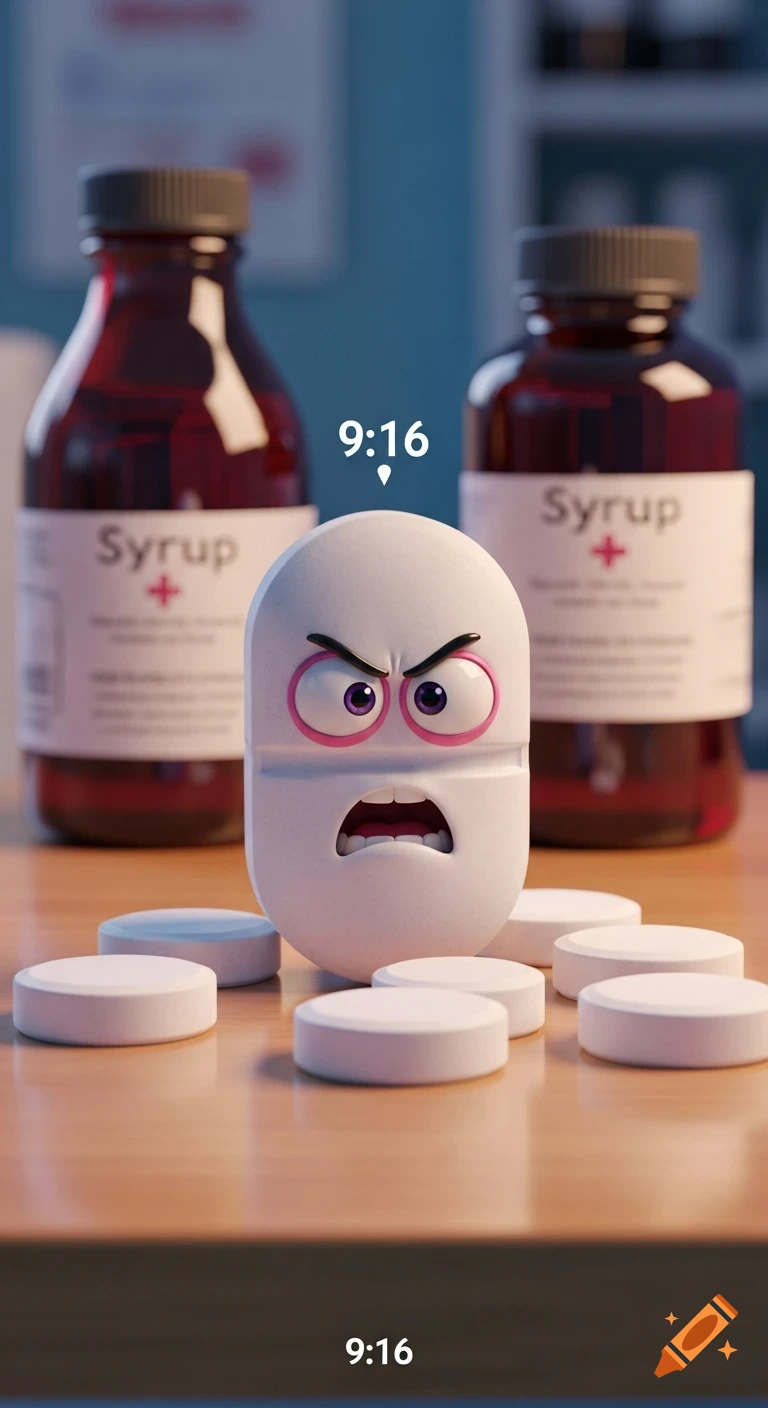 A 3D animated angry white pill with bulging eyes and furrowed brows sits on a table surrounded by other pills and two red syrup bottles labeled 'Syrup'.