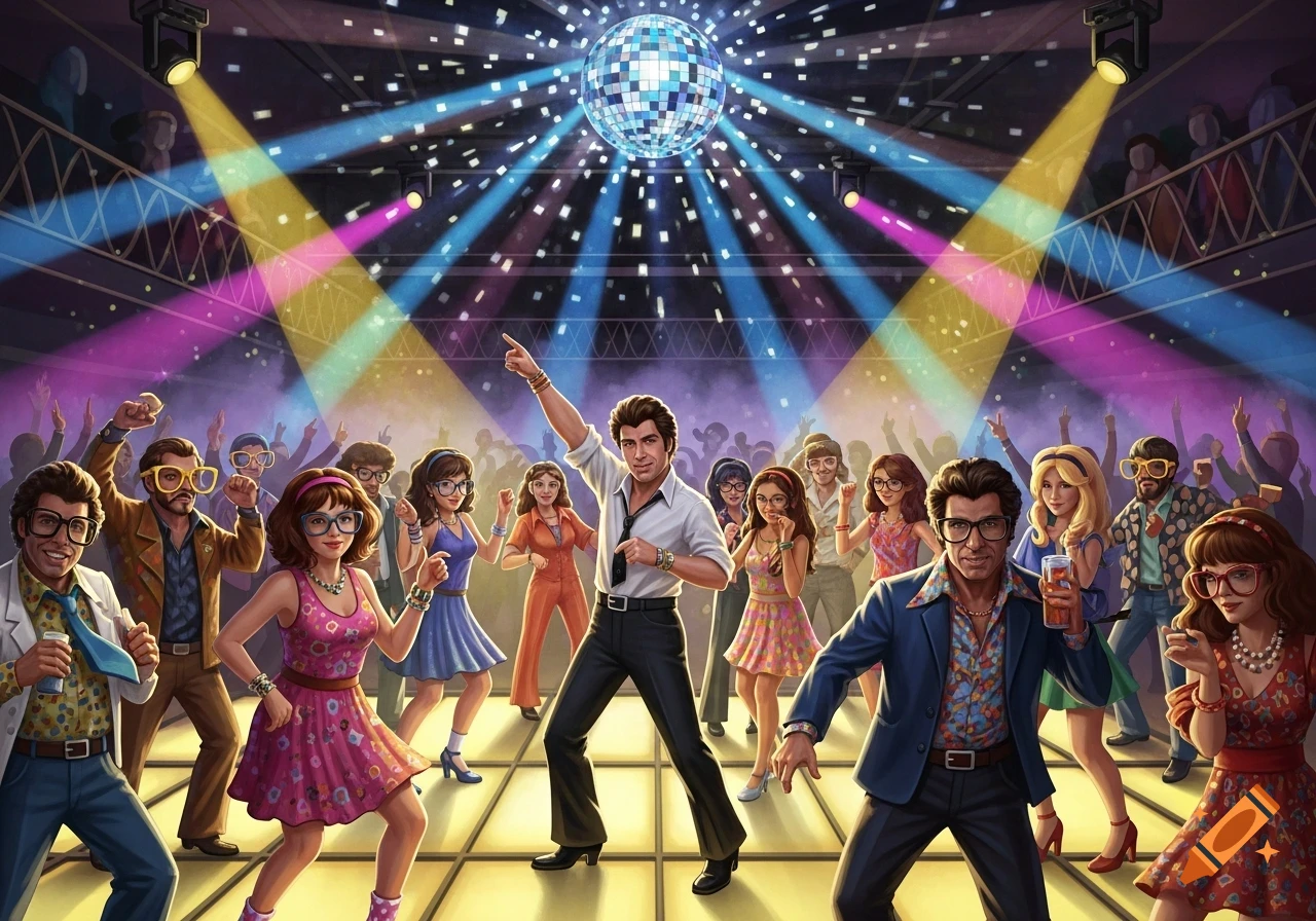 An energetic disco dance party with many people in 70s attire, a man in a white shirt dances under a disco ball and colorful lights, in an illustration.