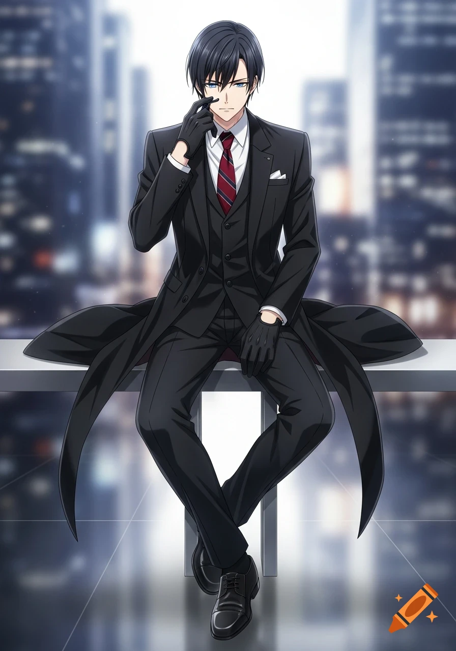 Anime male with black hair and blue eyes, wearing a black suit, red tie, and gloves, sitting with a blurred cityscape background.