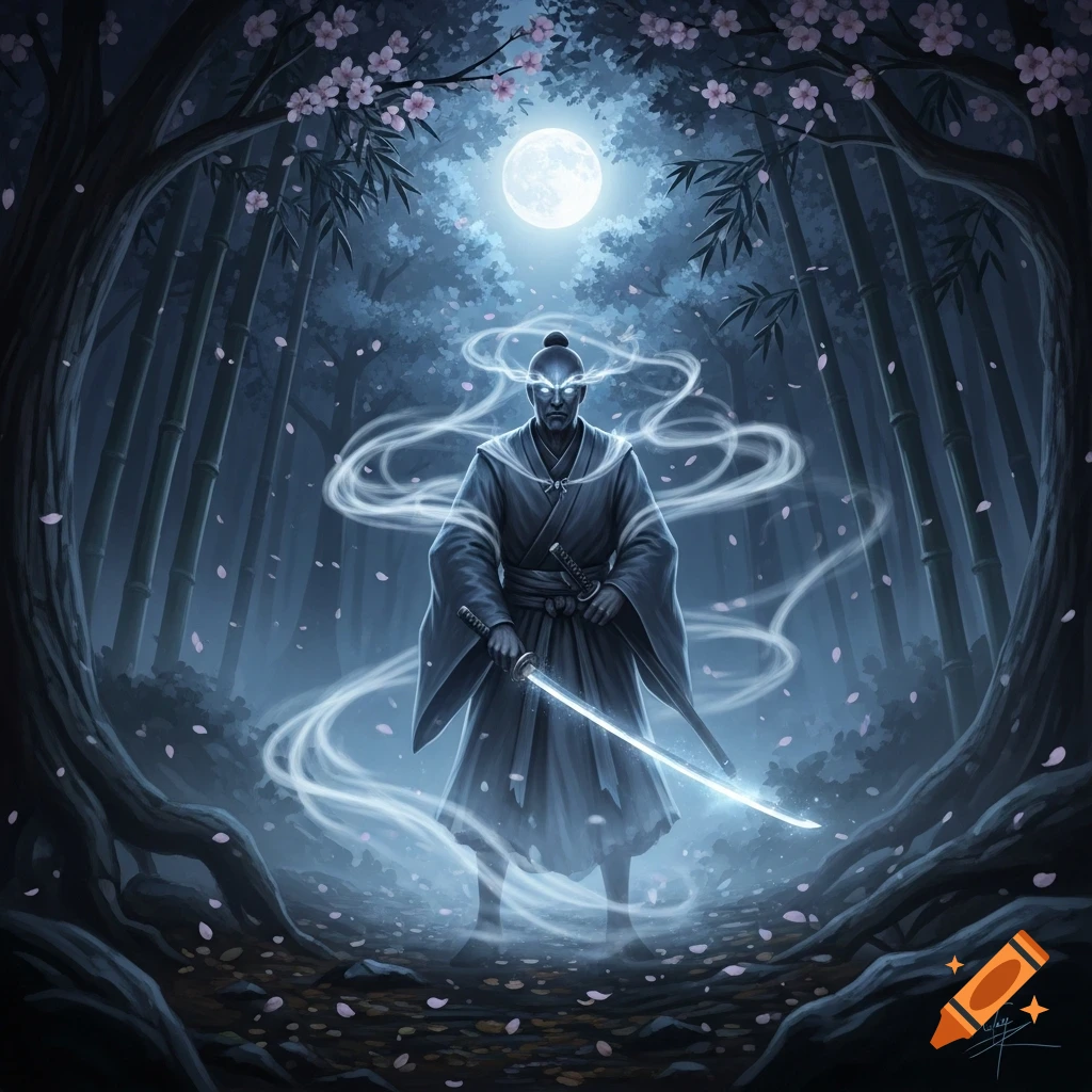 A spectral samurai with glowing eyes and a glowing katana stands amidst swirling mist in a dark, moonlit forest.