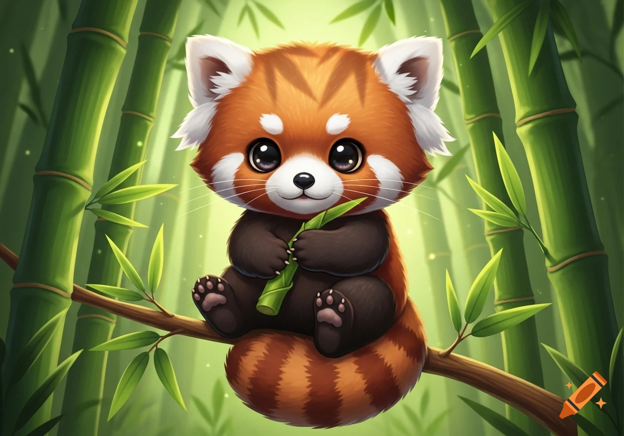 A cute, fluffy kawaii red panda with big eyes sits on a bamboo branch, holding a leaf, in a lush green forest.