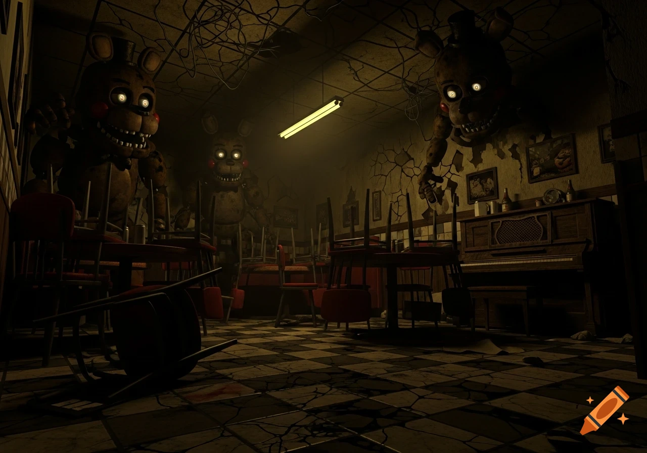Three menacing animatronic bears in a dark, dilapidated diner with overturned chairs and a piano, lit by a single fluorescent light.