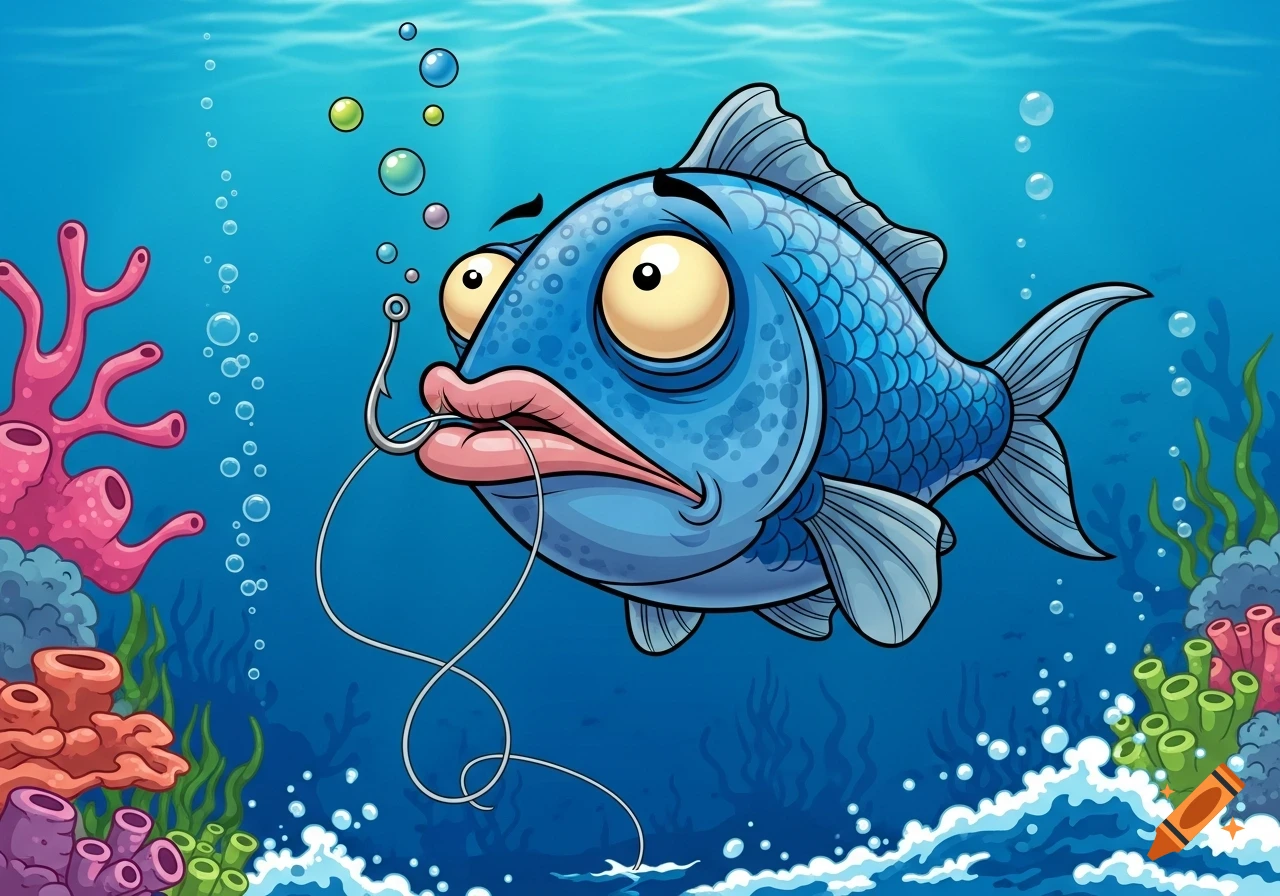 A confused blue cartoon fish with a fishing hook and line in its mouth, swimming underwater near colorful coral.