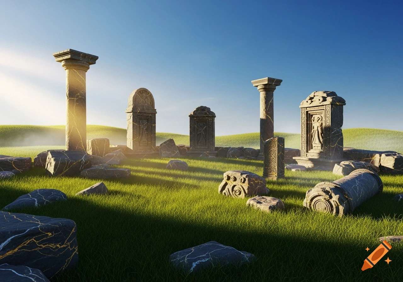 Photorealistic image of ancient fantasy ruins with stone pillars and dark, gold-veined rocks scattered across a sunlit green grassland.