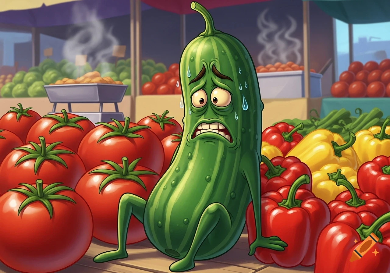 A cartoon of a stressed, anthropomorphic cucumber with arms and legs, sitting on a wooden stall among ripe red tomatoes and colorful bell peppers at a bustling food market.
