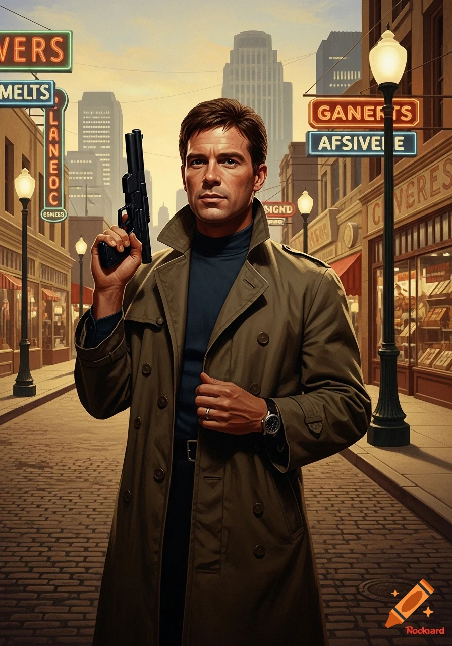 A man in a trench coat holds a pistol on a city street at dusk, surrounded by neon signs, in a Norman Rockwell painting style.