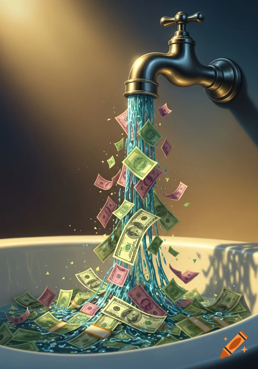 A brass faucet pours water mixed with green and pink money bills into a white sink, symbolizing wealth and spending.